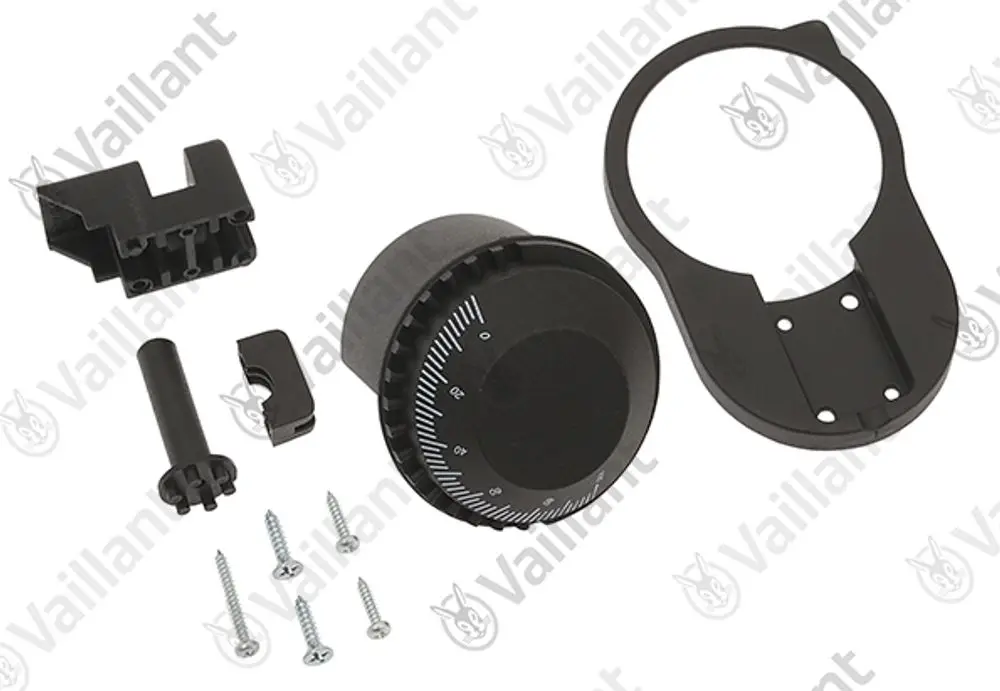 Vaillant Steuerungskomponenten bestehend aus einem Drehknopf, einer Halterung und weiteren Montageschrauben und -elementen auf hellem Hintergrund.